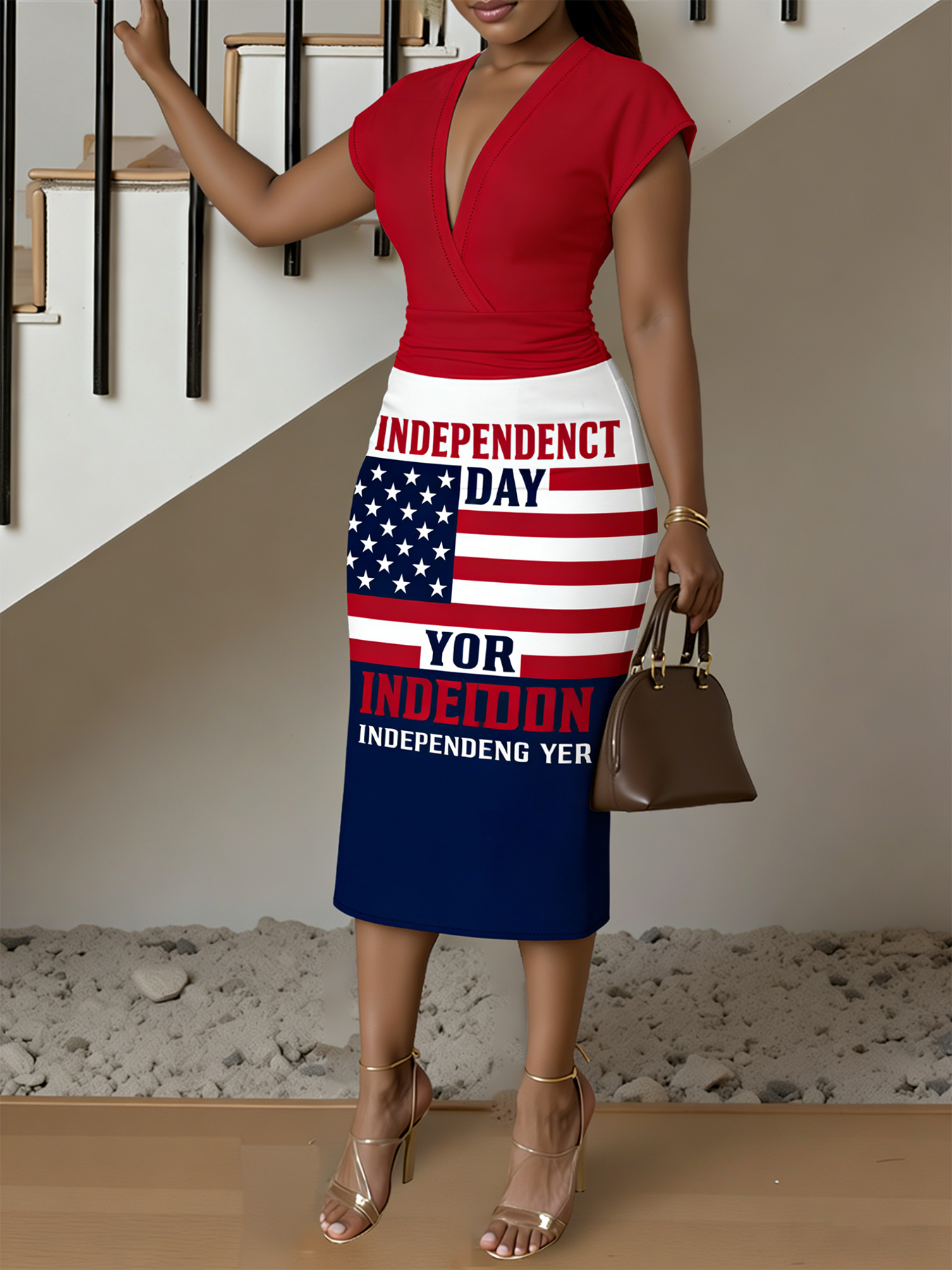 Red White Blue Patriotic Text Independence Day Cap Sleeve V-Neck Midi Dress