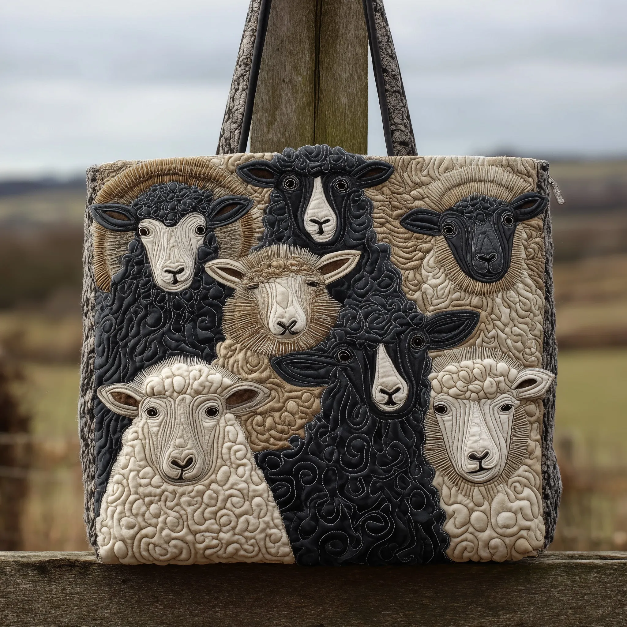 Rustic Sheep Quilted Tote Bag