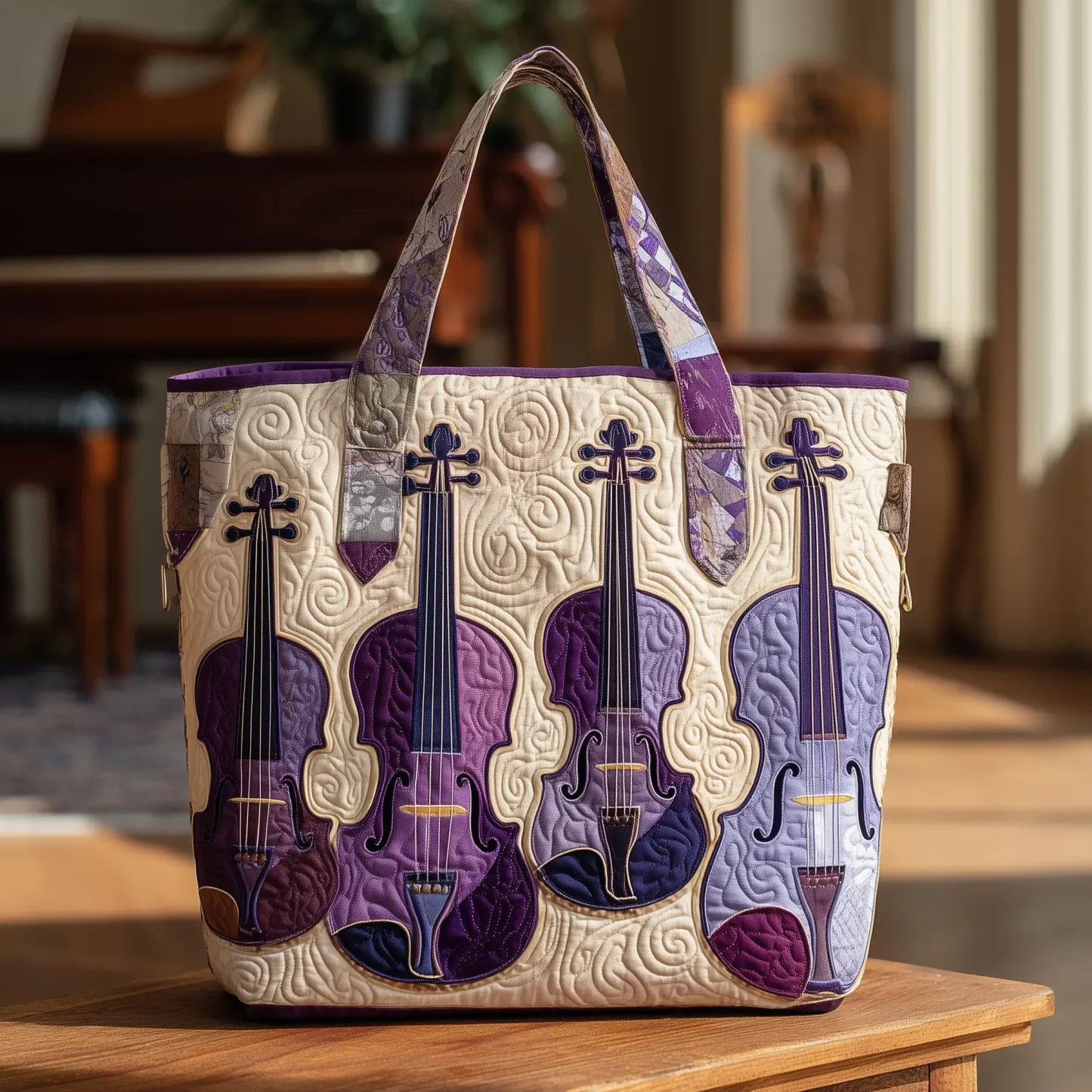 Elegant Violin Quilted Tote Bag