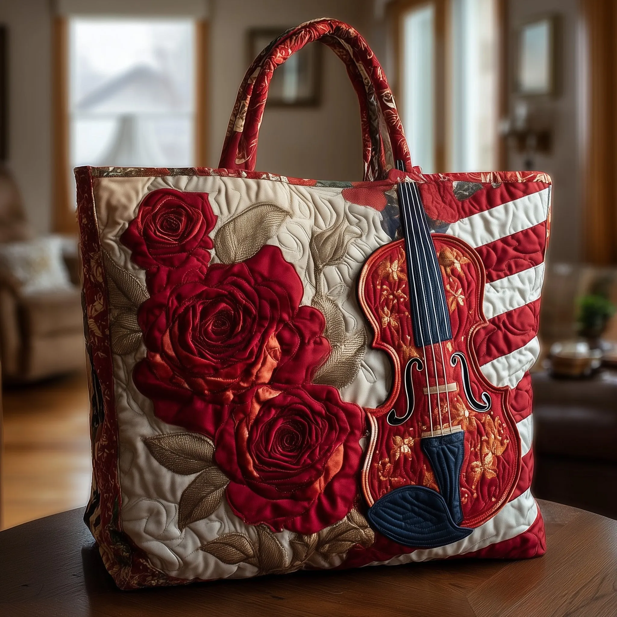 Elegant Violin Quilted Tote Bag