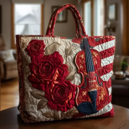 Elegant Violin Quilted Tote Bag