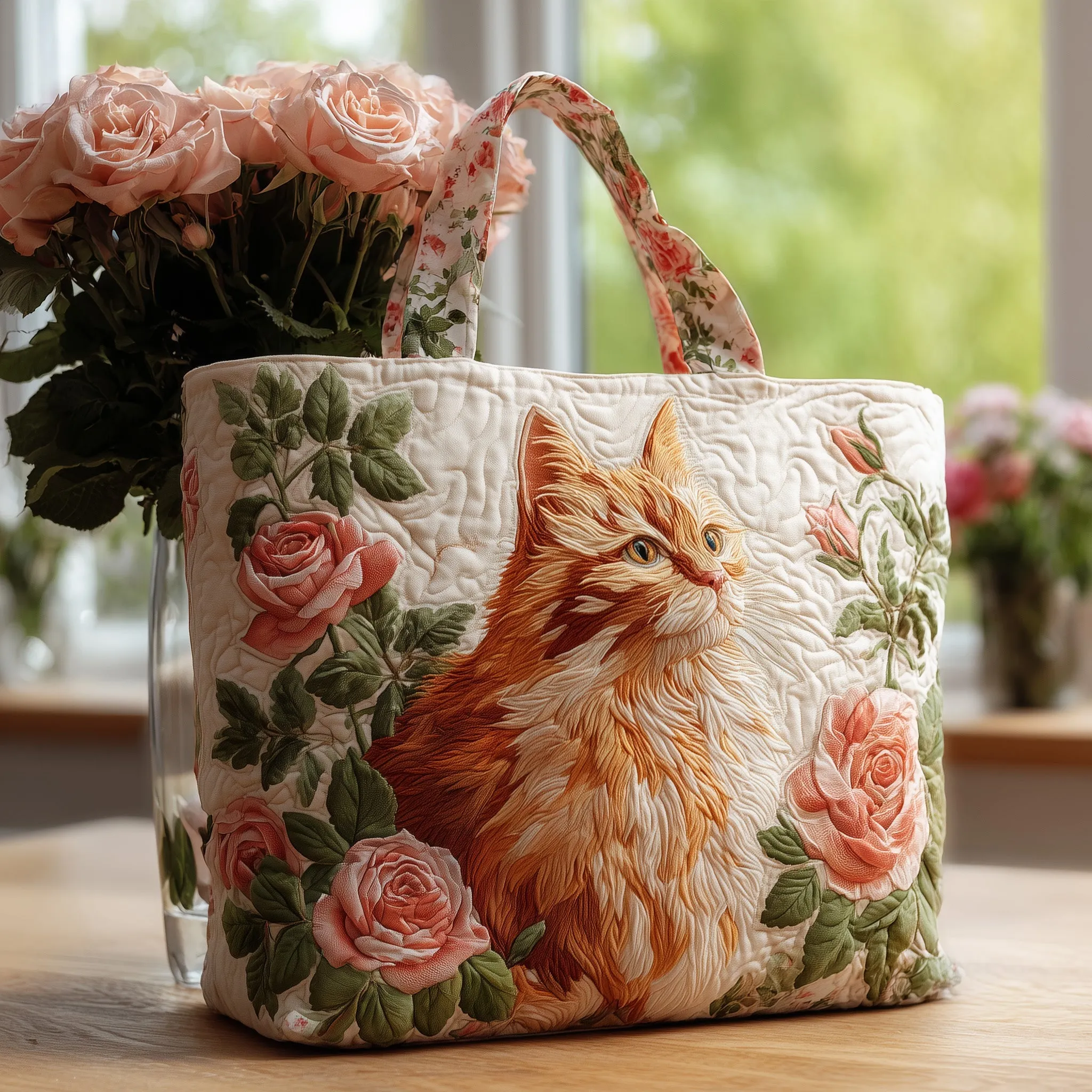 Cat and Rose Quilted Tote Bag