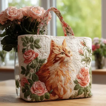 Cat and Rose Quilted Tote Bag