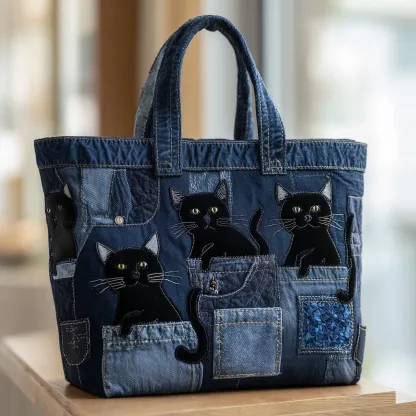 Whimsical Cat Quilted Tote Bag