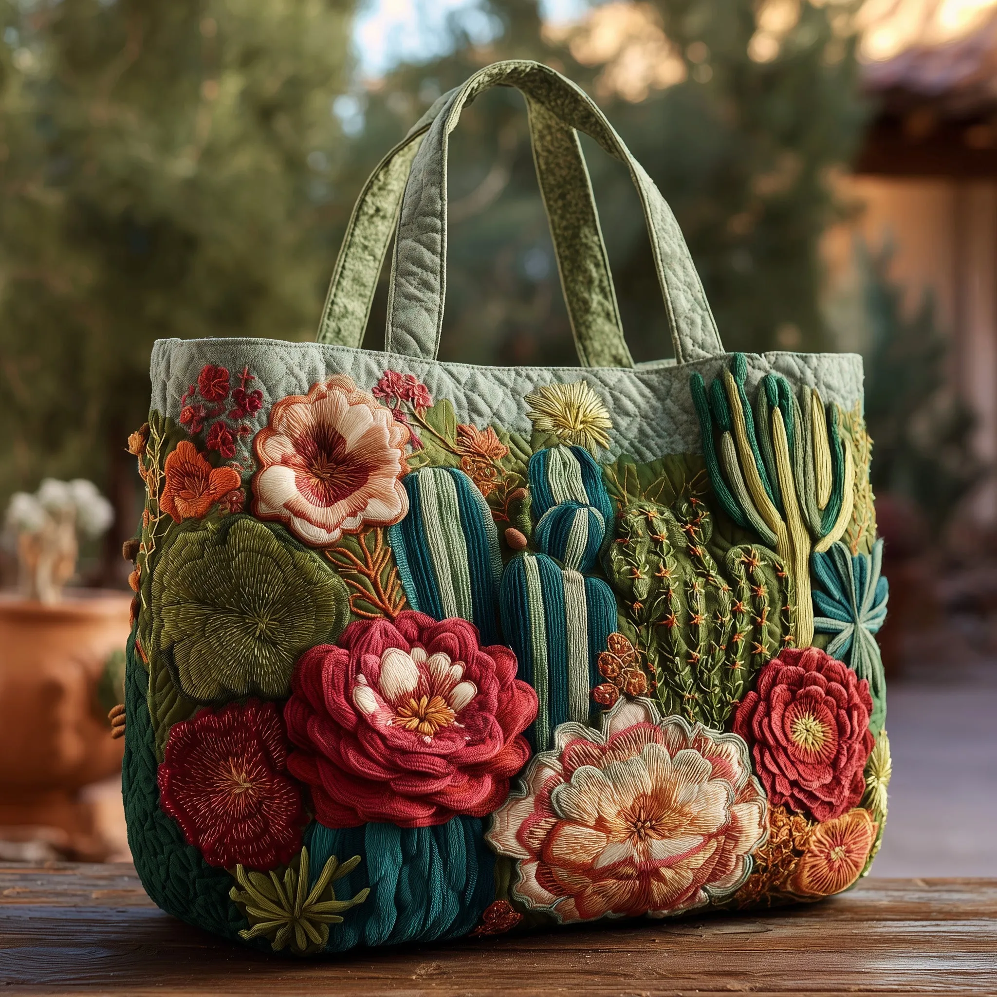 Blooming Cactus Haven Quilted Tote Bag 