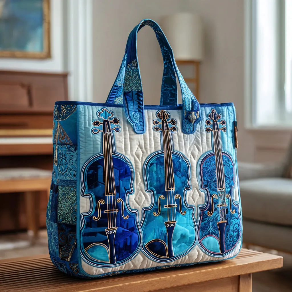 Elegant Violin Quilted Tote Bag