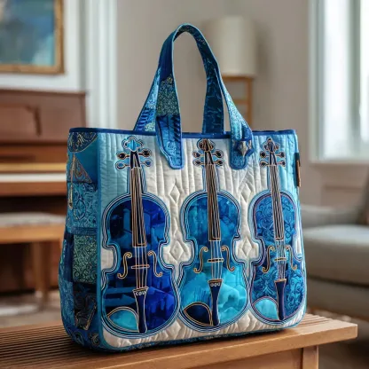 Elegant Violin Quilted Tote Bag