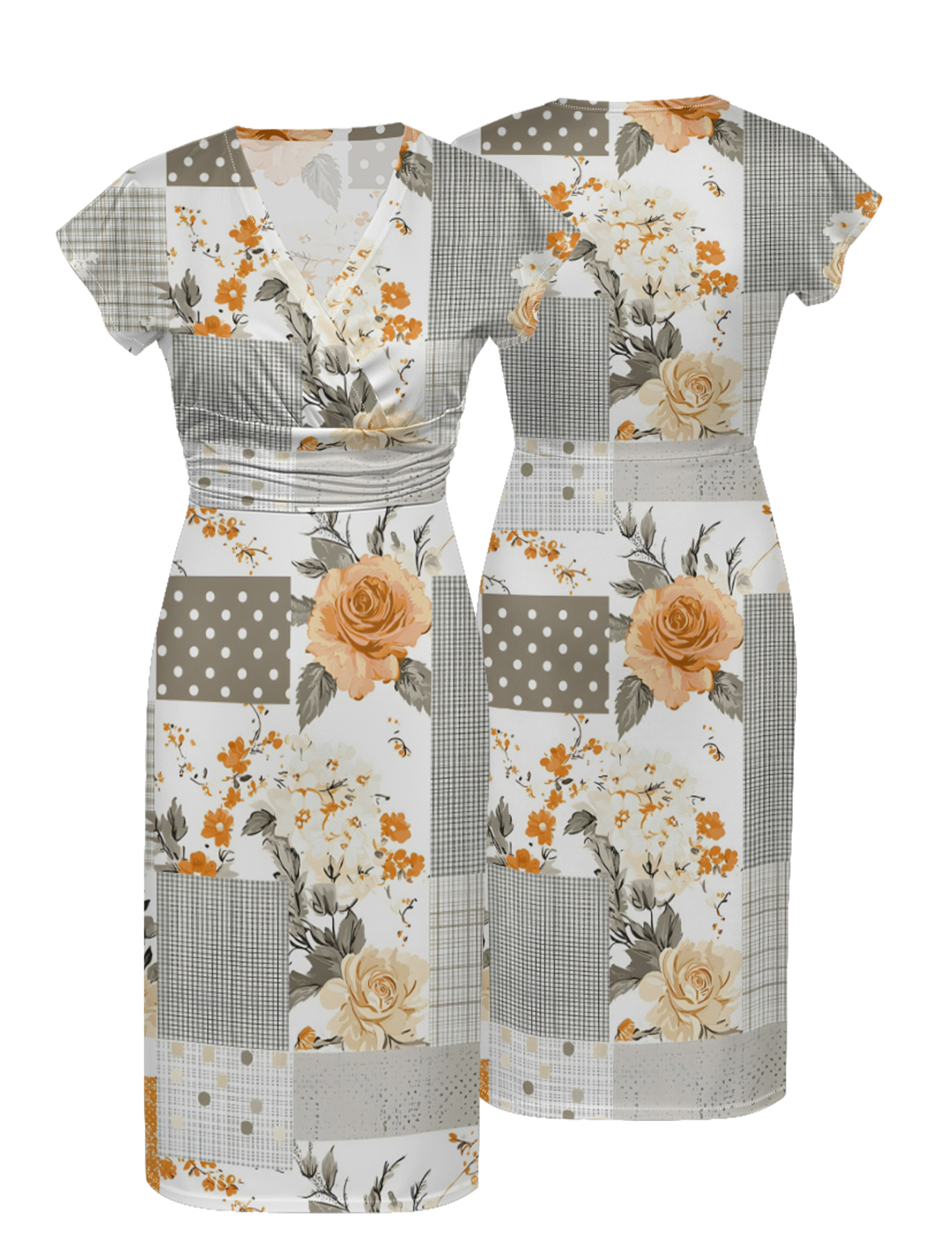 Vintage Patchwork Floral & Plaid Cap Sleeve V-Neck Midi Dress IUOP082