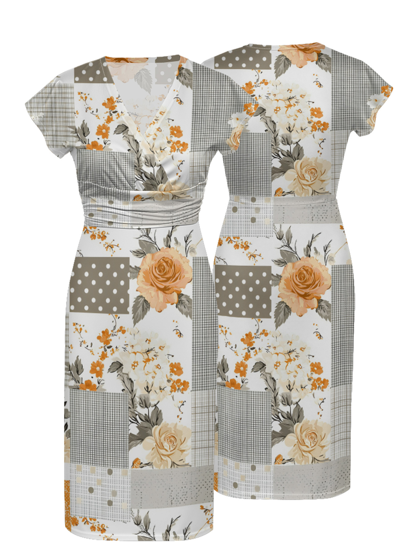Vintage Patchwork Floral & Plaid Cap Sleeve V-Neck Midi Dress IUOP082