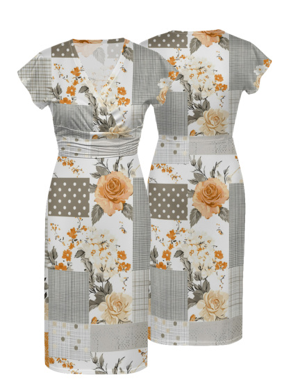 Vintage Patchwork Floral & Plaid Cap Sleeve V-Neck Midi Dress IUOP082