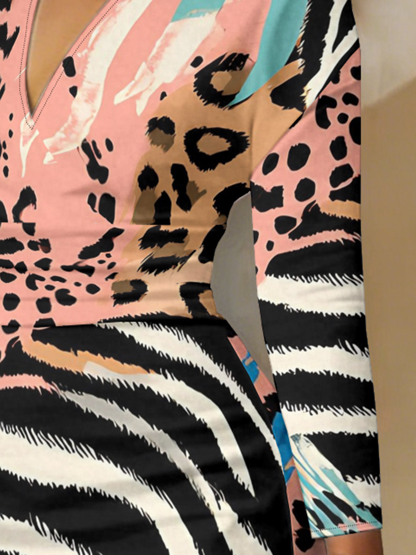 Pink Multi-Animal Tropical V-Neck Bodycon Midi Dress ZYX975