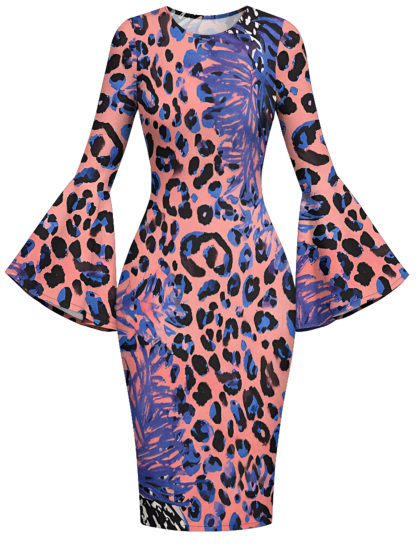 Pink Blue Watercolor Leopard Flare Sleeve Bodycon Midi Dress STU6918