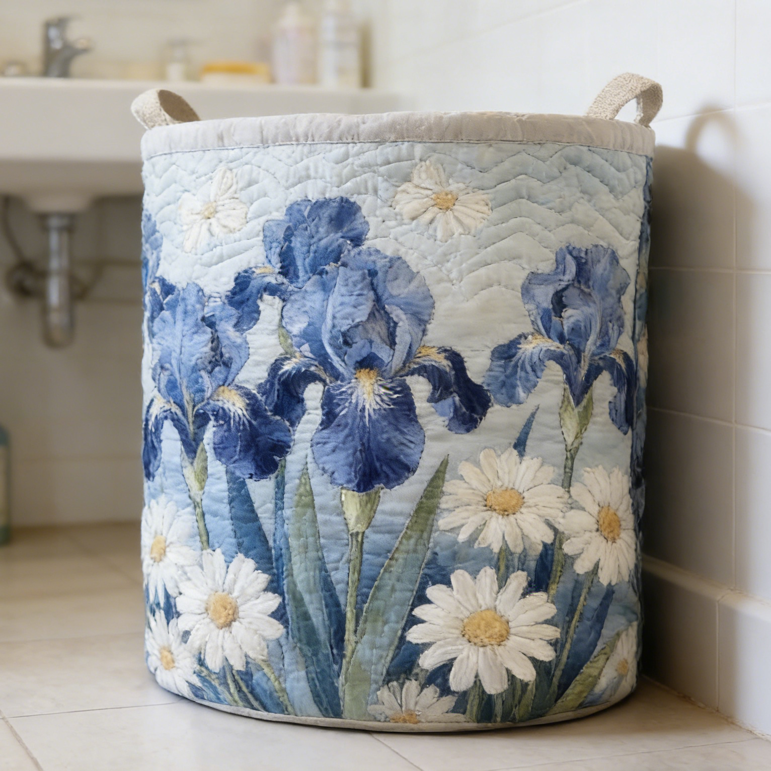 Blue Iris & Daisy Floral Quilted Laundry Basket PLMNBVC4