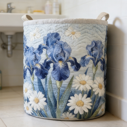 Blue Iris & Daisy Floral Quilted Laundry Basket PLMNBVC4