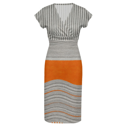 Orange & Gray Striped Cap Sleeve V-Neck Midi Dress YXV895