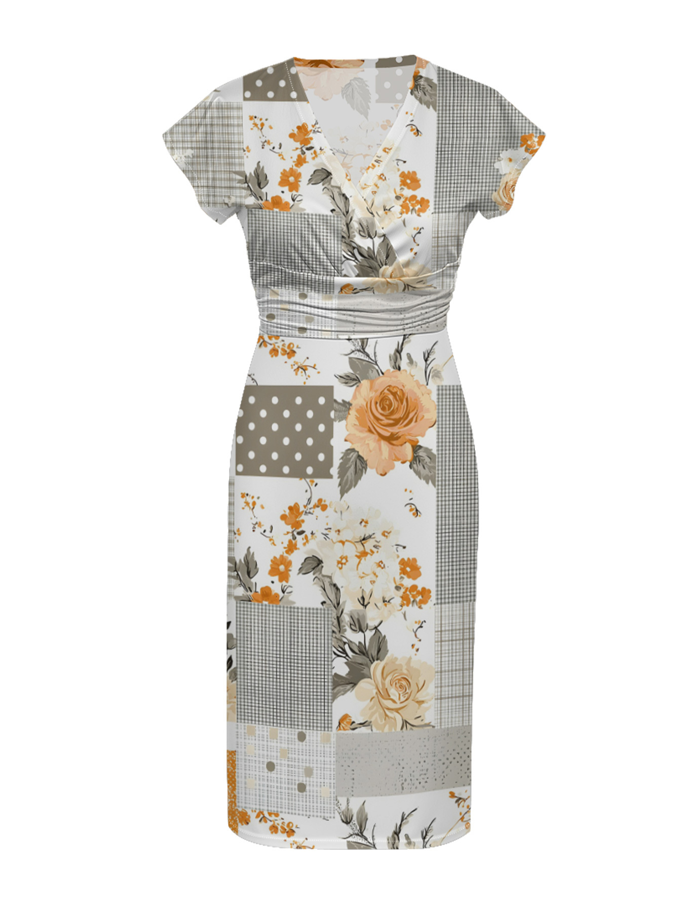 Vintage Patchwork Floral & Plaid Cap Sleeve V-Neck Midi Dress IUOP082