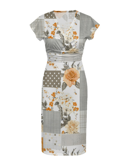 Vintage Patchwork Floral & Plaid Cap Sleeve V-Neck Midi Dress IUOP082