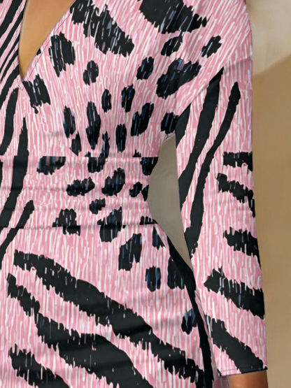 Pink Zebra Leopard V-Neck Bodycon Midi Dress VUT753