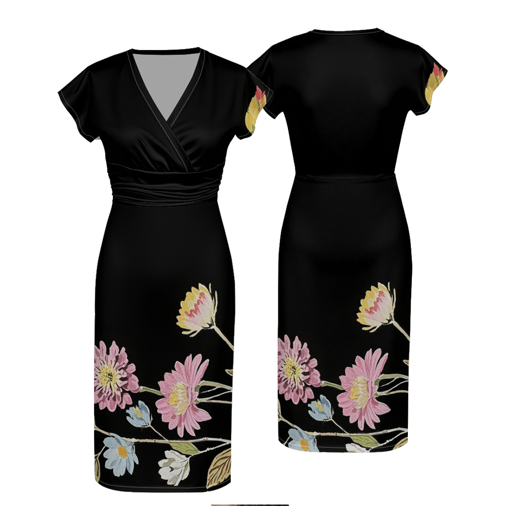 Black Floral Cap Sleeve V-Neck Midi Dress DHLN935