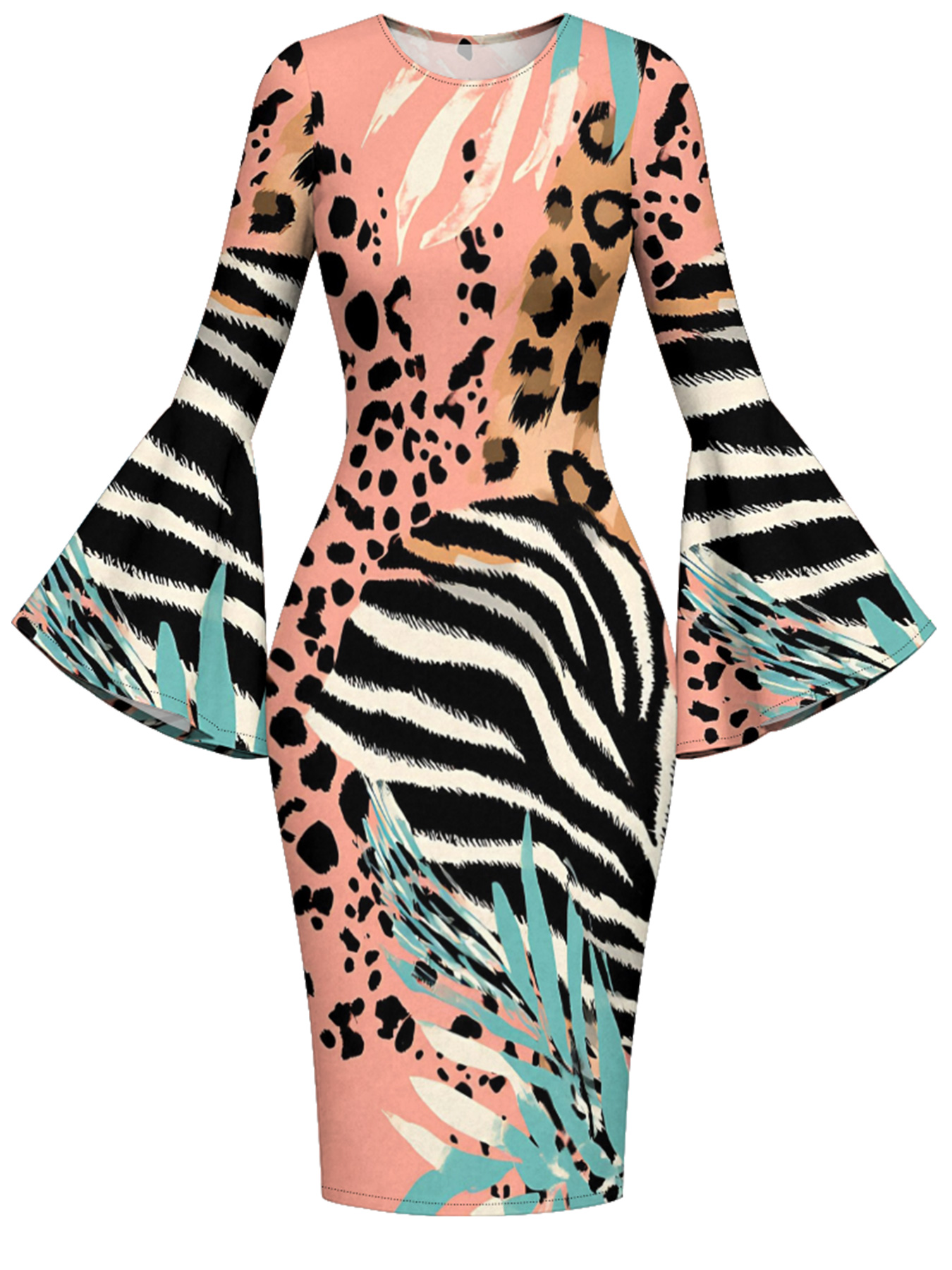 Pink & Teal Tropical Animal Flare Sleeve Bodycon Midi Dress ACE9342