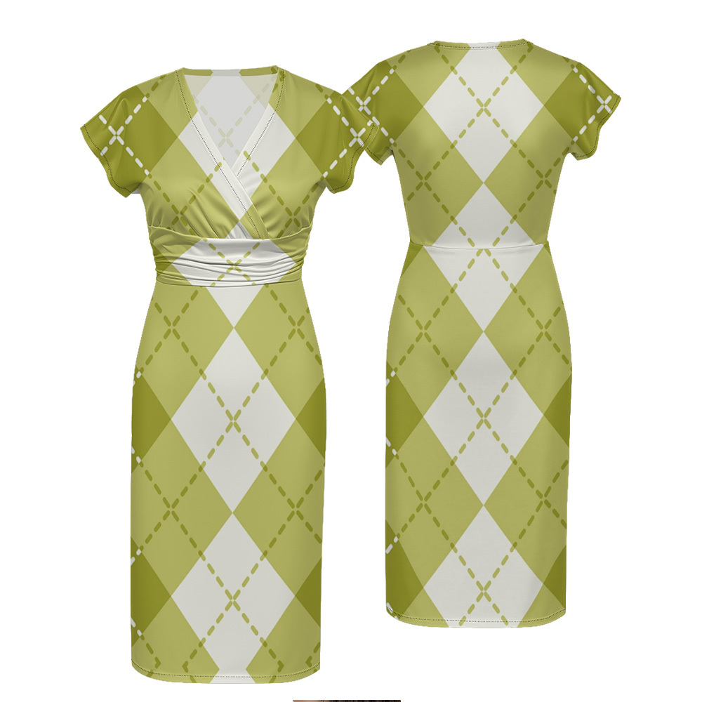 Green & White Argyle Cap Sleeve V-Neck Midi Dress XWS807