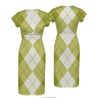 Green & White Argyle Cap Sleeve V-Neck Midi Dress XWS807