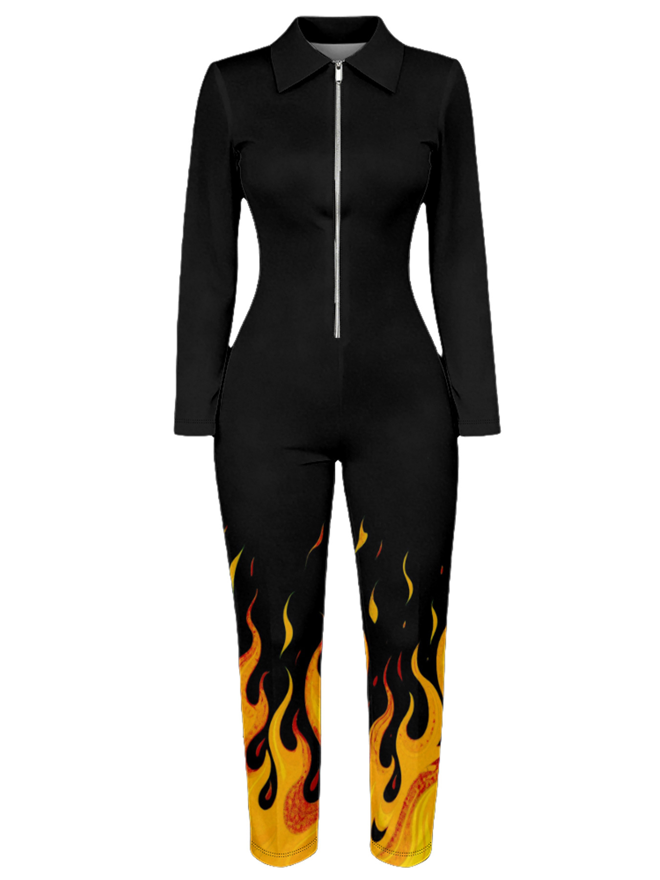 Black & Flame Long Sleeve Zip-Up Jumpsuit 
