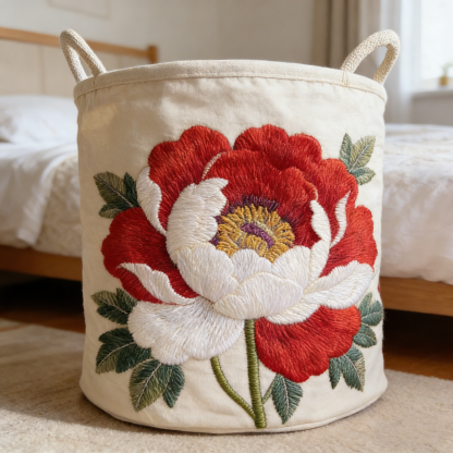 Red & White Peony Quilted Laundry Basket PLMNBVC4