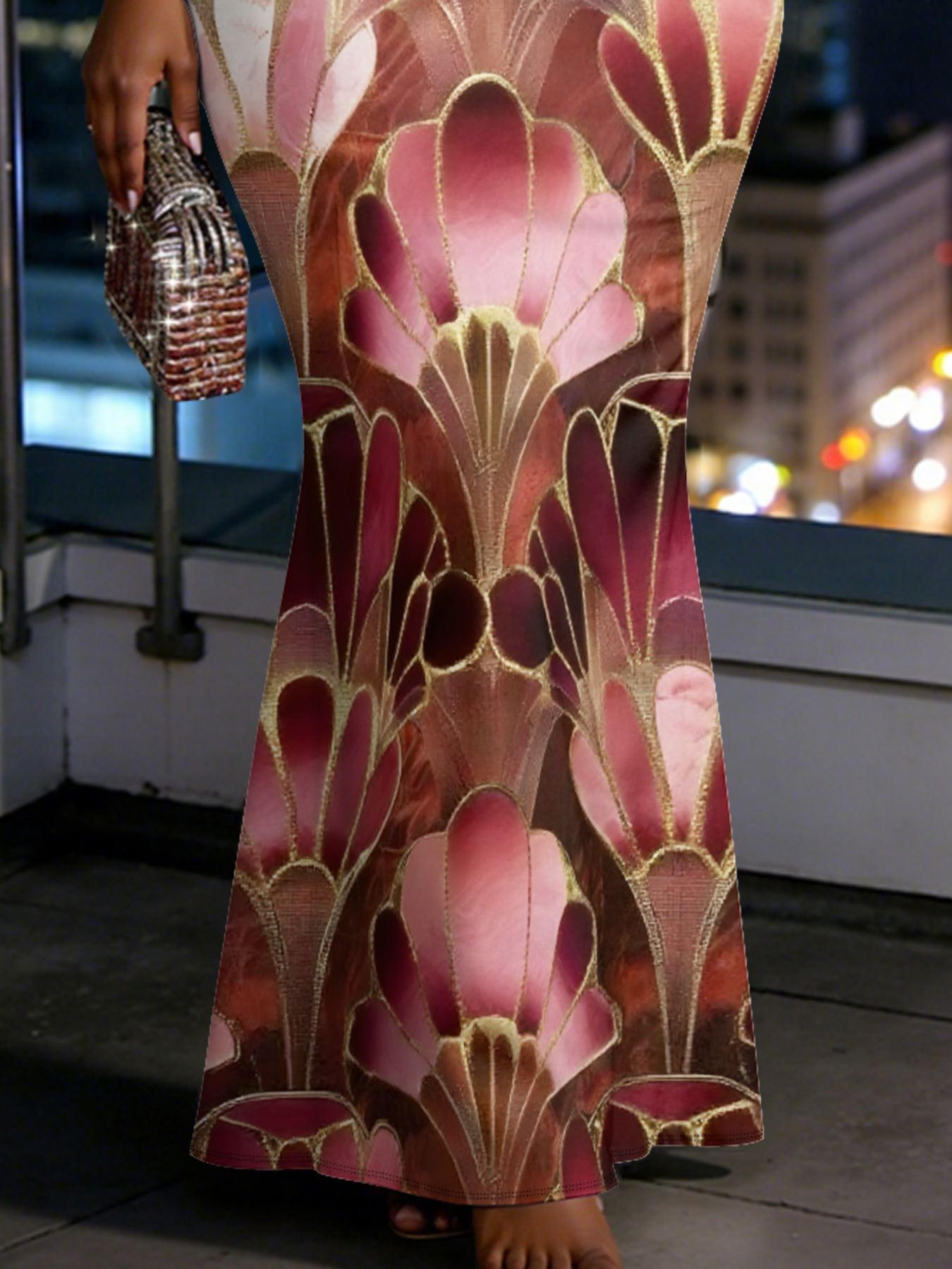 Art Deco Gold Foil Spaghetti Strap Mermaid Dress CFHL83692