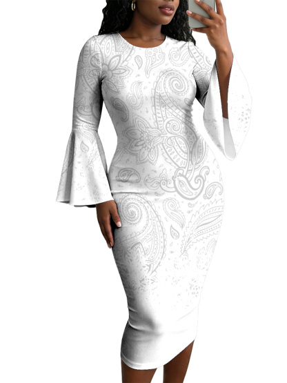 White Gradient Paisley Flare Sleeve Bodycon Midi Dress