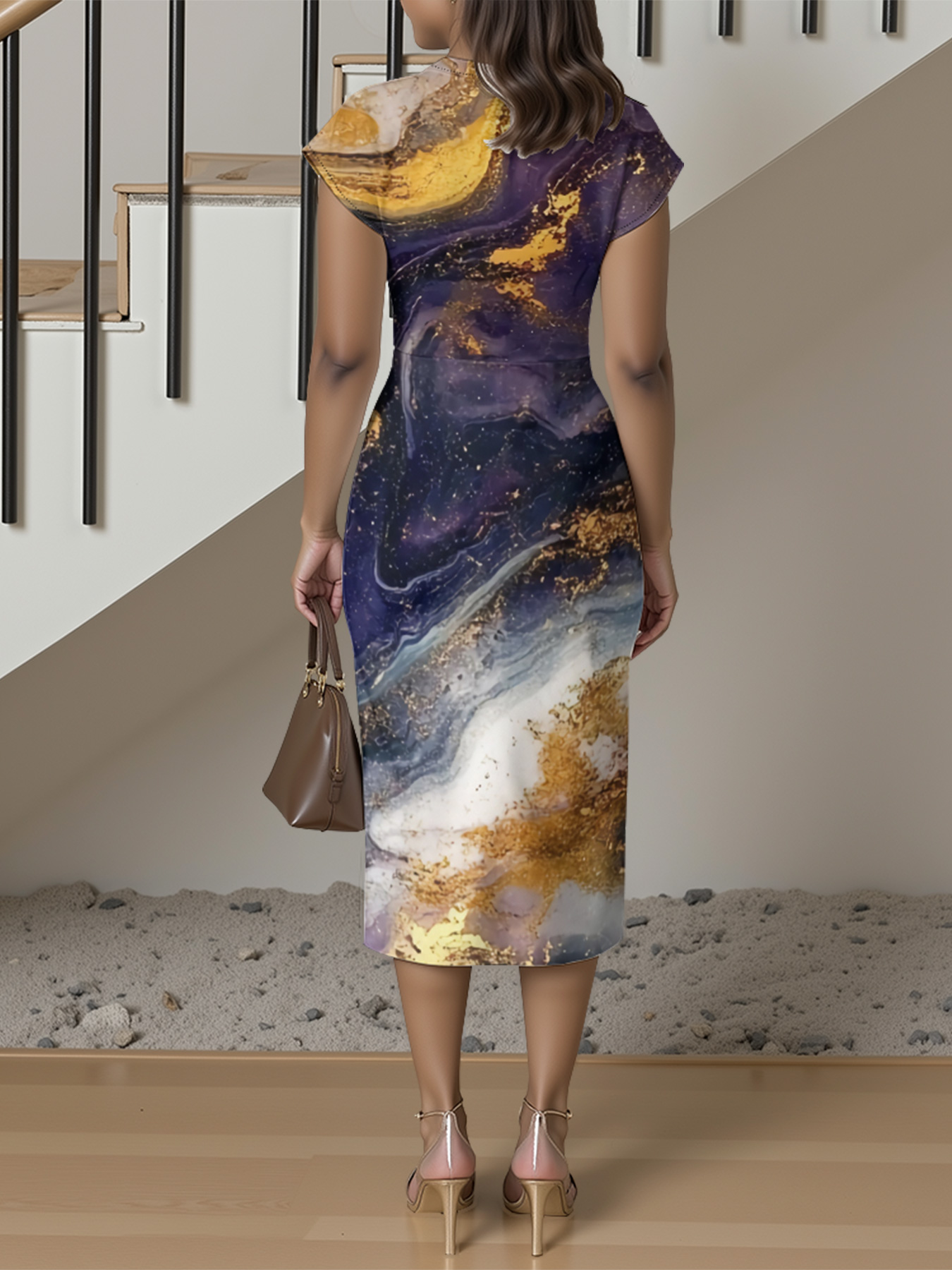 Purple & Gold Galaxy Marble Cap Sleeve V-Neck Midi Dress