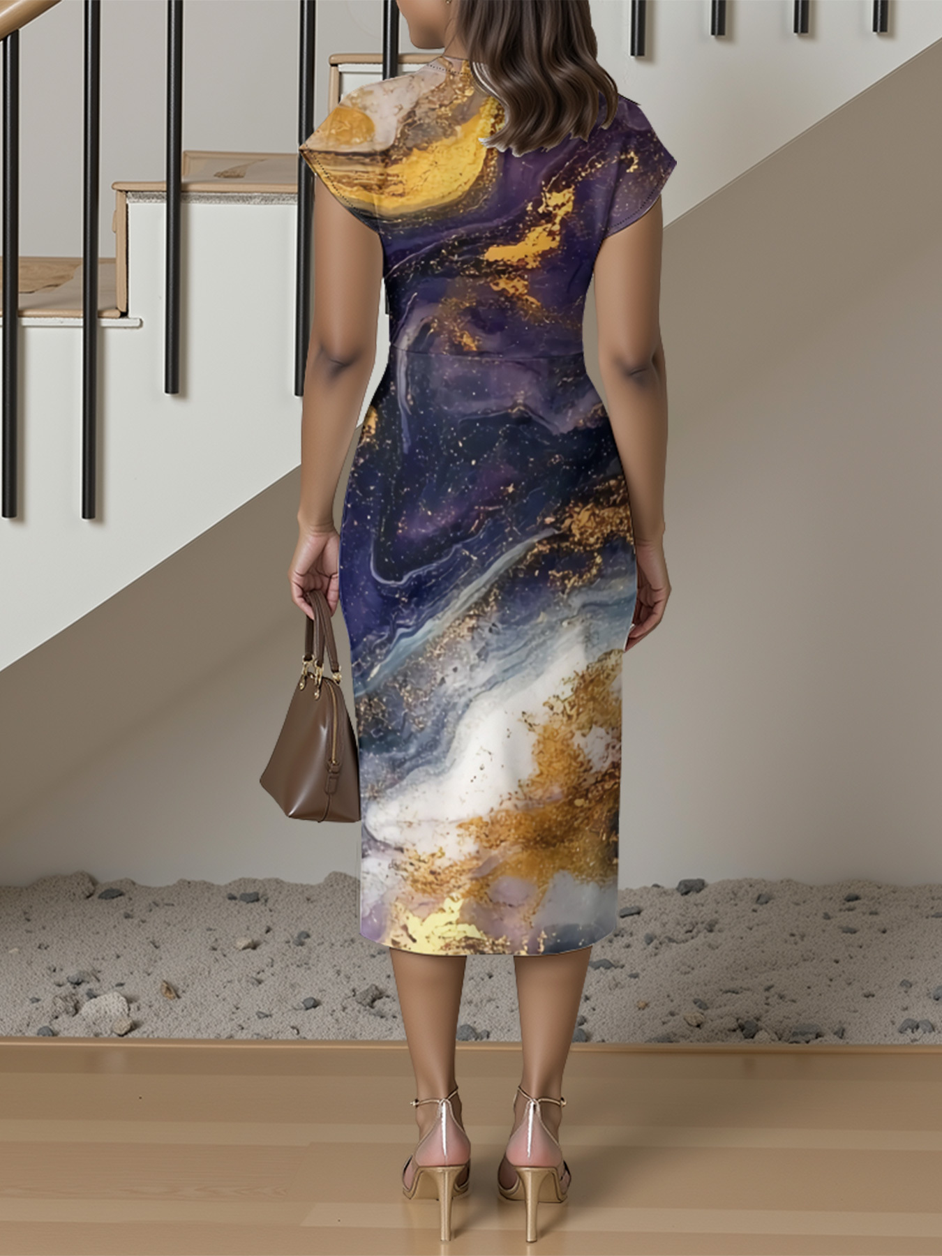 Purple & Gold Galaxy Marble Cap Sleeve V-Neck Midi Dress