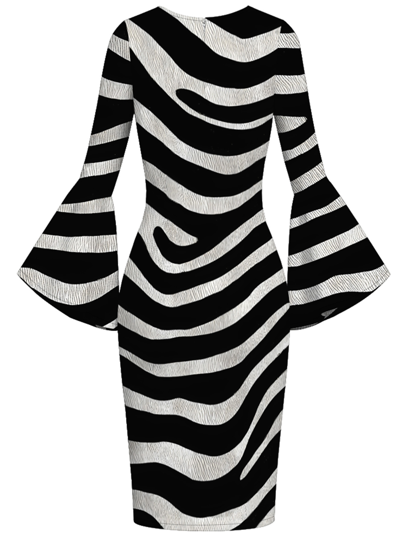 Zebra Stripe Flare Sleeve Bodycon Midi Dress