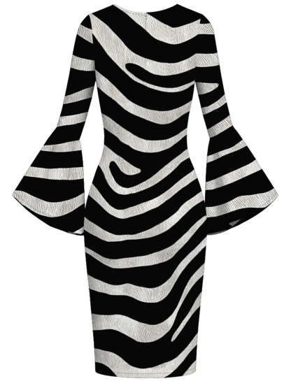 Zebra Stripe Flare Sleeve Bodycon Midi Dress