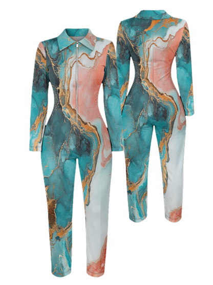 Teal & Gold Marble Long Sleeve Zip-Up Jumpsuit 