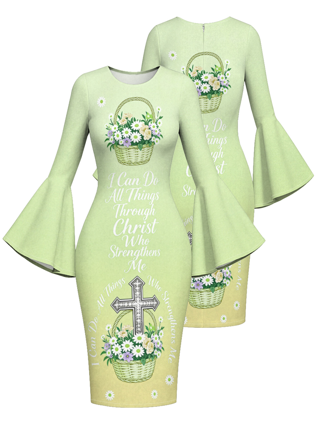 Light Green Floral Basket Cross Easter Flare Sleeve Bodycon Midi Dress