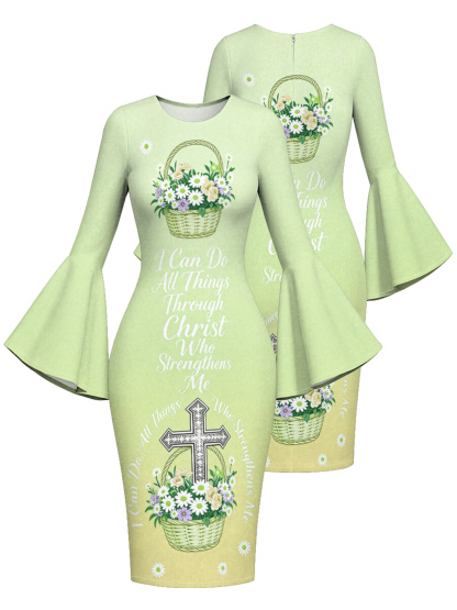 Light Green Floral Basket Cross Easter Flare Sleeve Bodycon Midi Dress