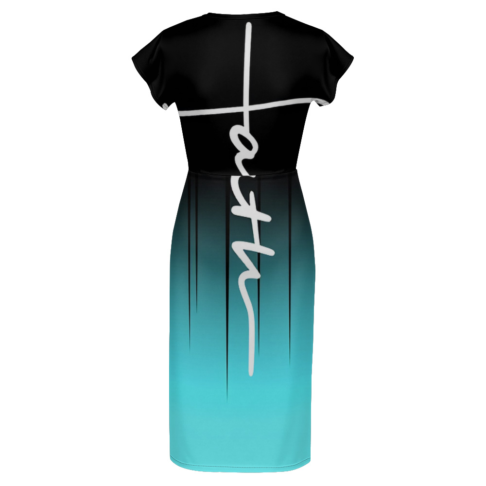 Black Turquoise Gradient Cap Sleeve V-Neck Midi Dress ACF864