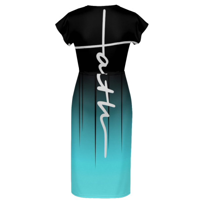 Black Turquoise Gradient Cap Sleeve V-Neck Midi Dress ACF864