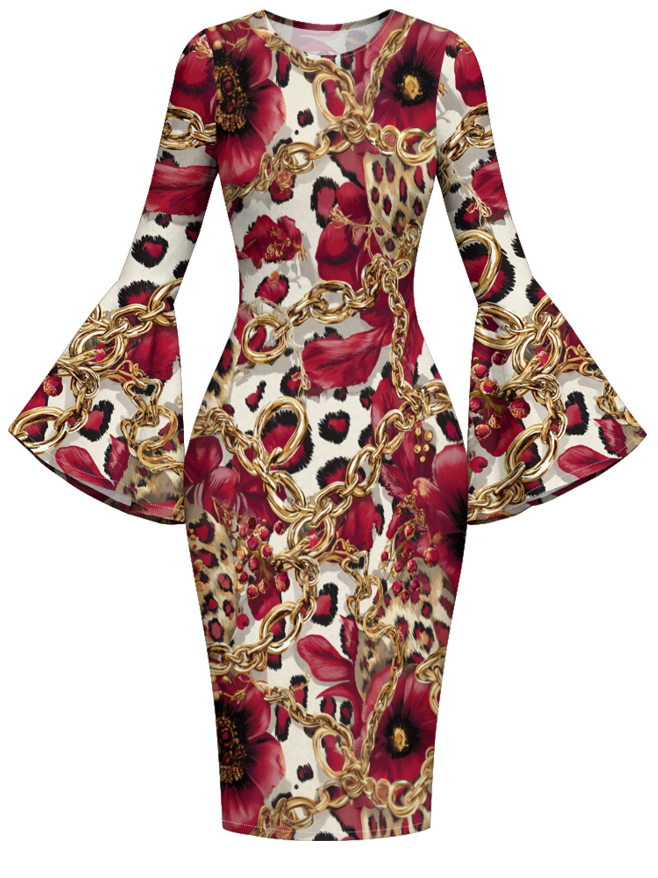 Red & Gold Animal Patchwork Flare Sleeve Bodycon Midi Dress JKL3675