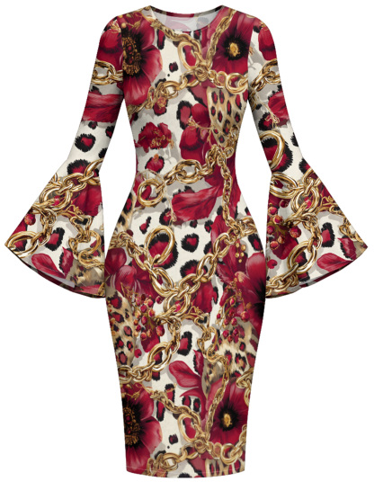 Red & Gold Animal Patchwork Flare Sleeve Bodycon Midi Dress JKL3675