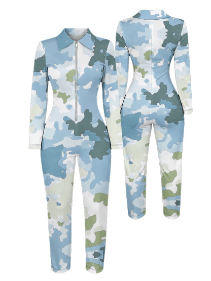 Pastel Camo Long Sleeve Zip-Up Jumpsuit 