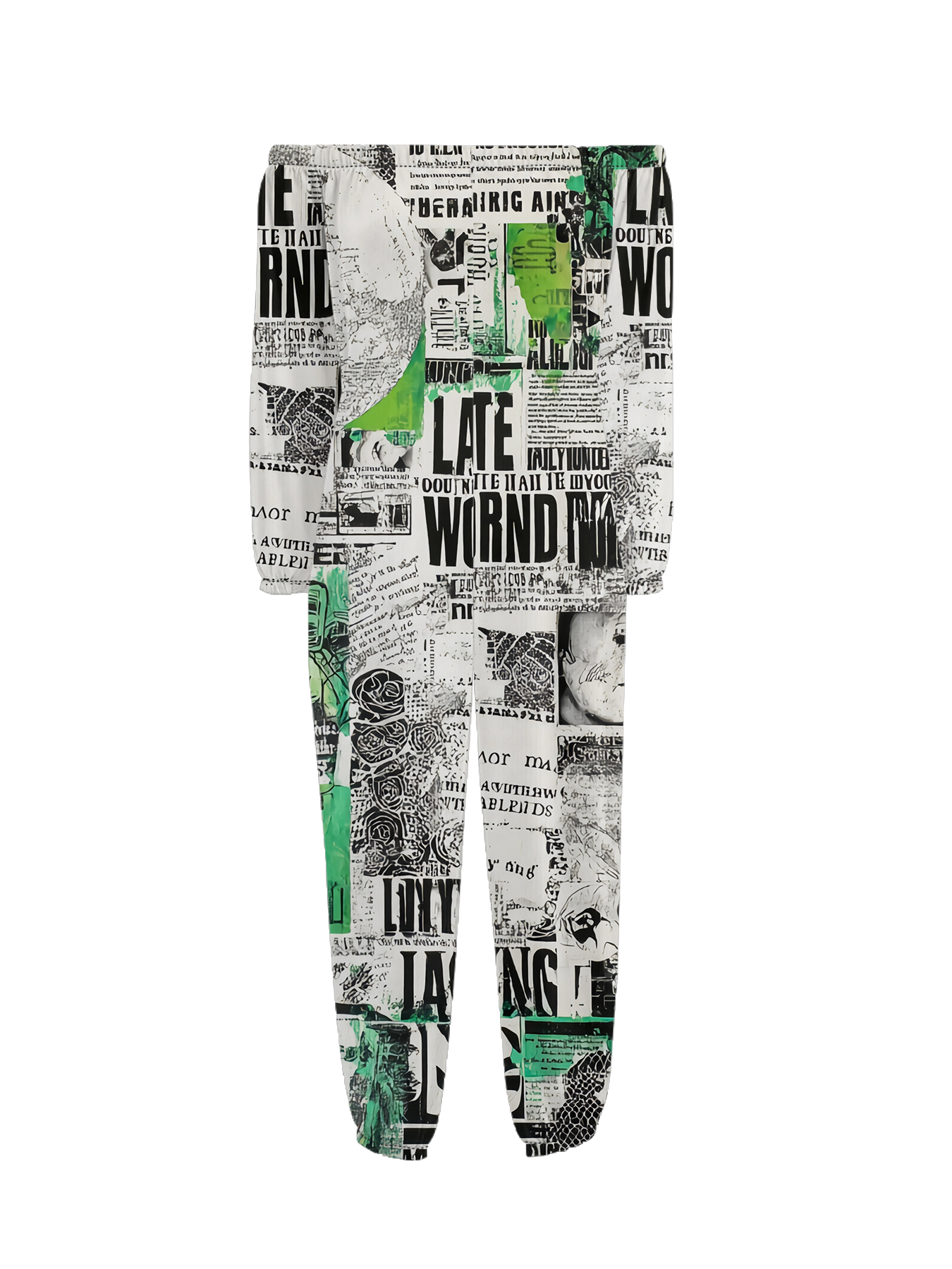 Green Grunge Newspaper Collage Off-Shoulder Jumpsuit