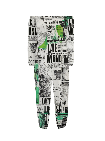 Green Grunge Newspaper Collage Off-Shoulder Jumpsuit