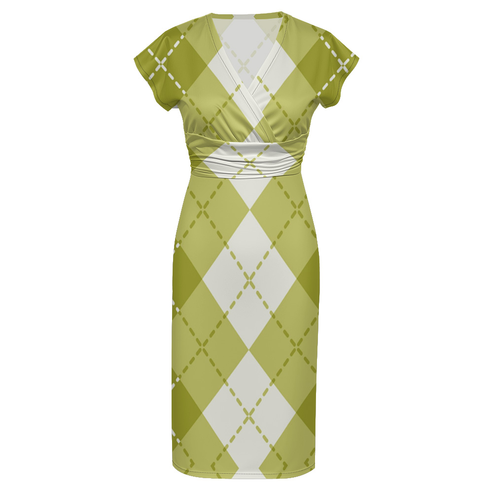 Green & White Argyle Cap Sleeve V-Neck Midi Dress XWS807