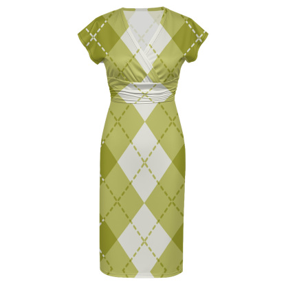 Green & White Argyle Cap Sleeve V-Neck Midi Dress XWS807