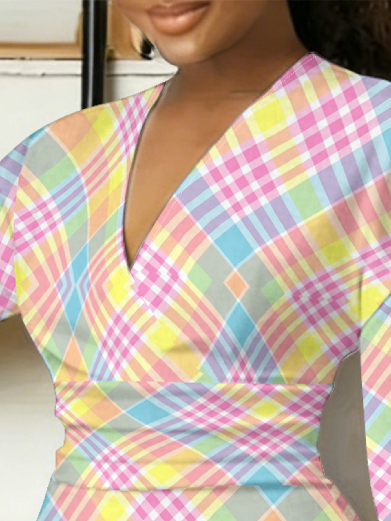 Pastel Plaid V-Neck Bodycon Midi Dress