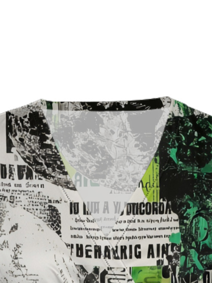 Green Newspaper Cap Sleeve V-Neck Midi Dress