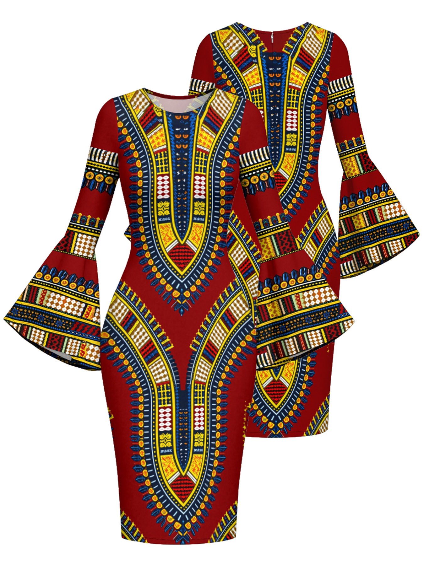 Red Dashiki Flare Sleeve Bodycon Midi Dress
