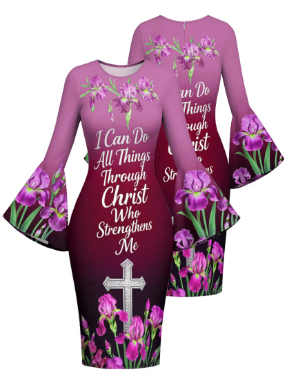 Burgundy Iris Floral Cross Scripture Easter Flare Sleeve Bodycon Midi Dress JIHB2863